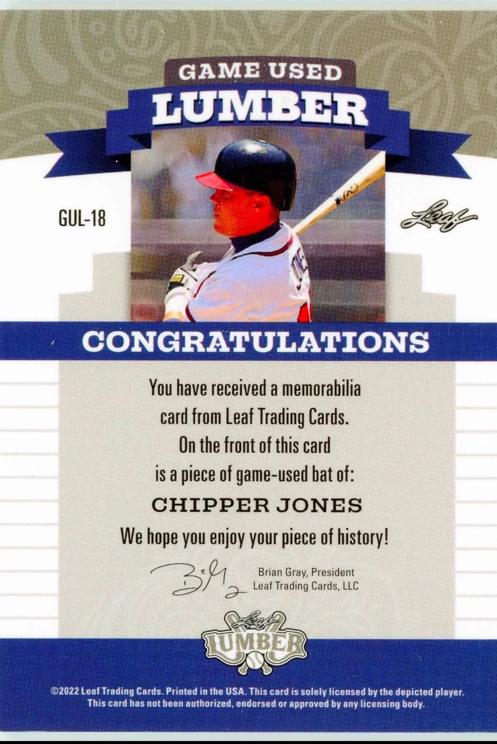 2022 Leaf Lumber Chipper Jones Game Used Bat Relic #GUL-18