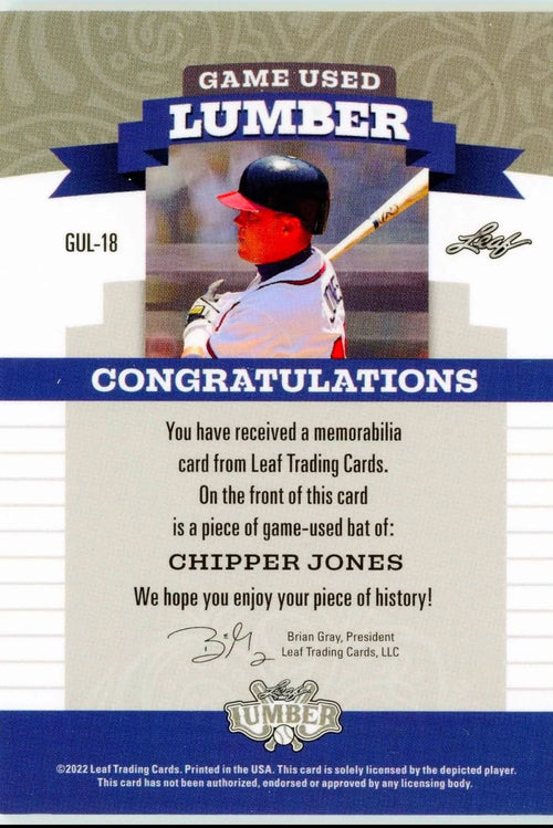 2022 Leaf Lumber Chipper Jones Game Used Bat Relic #GUL-18