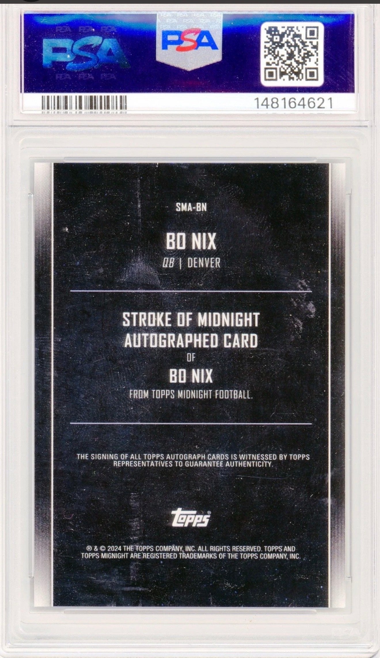 Bo Nix 2024 Topps Midnight Stroke of Midnight Auto RC #SMA-BN PSA 10 - Back
