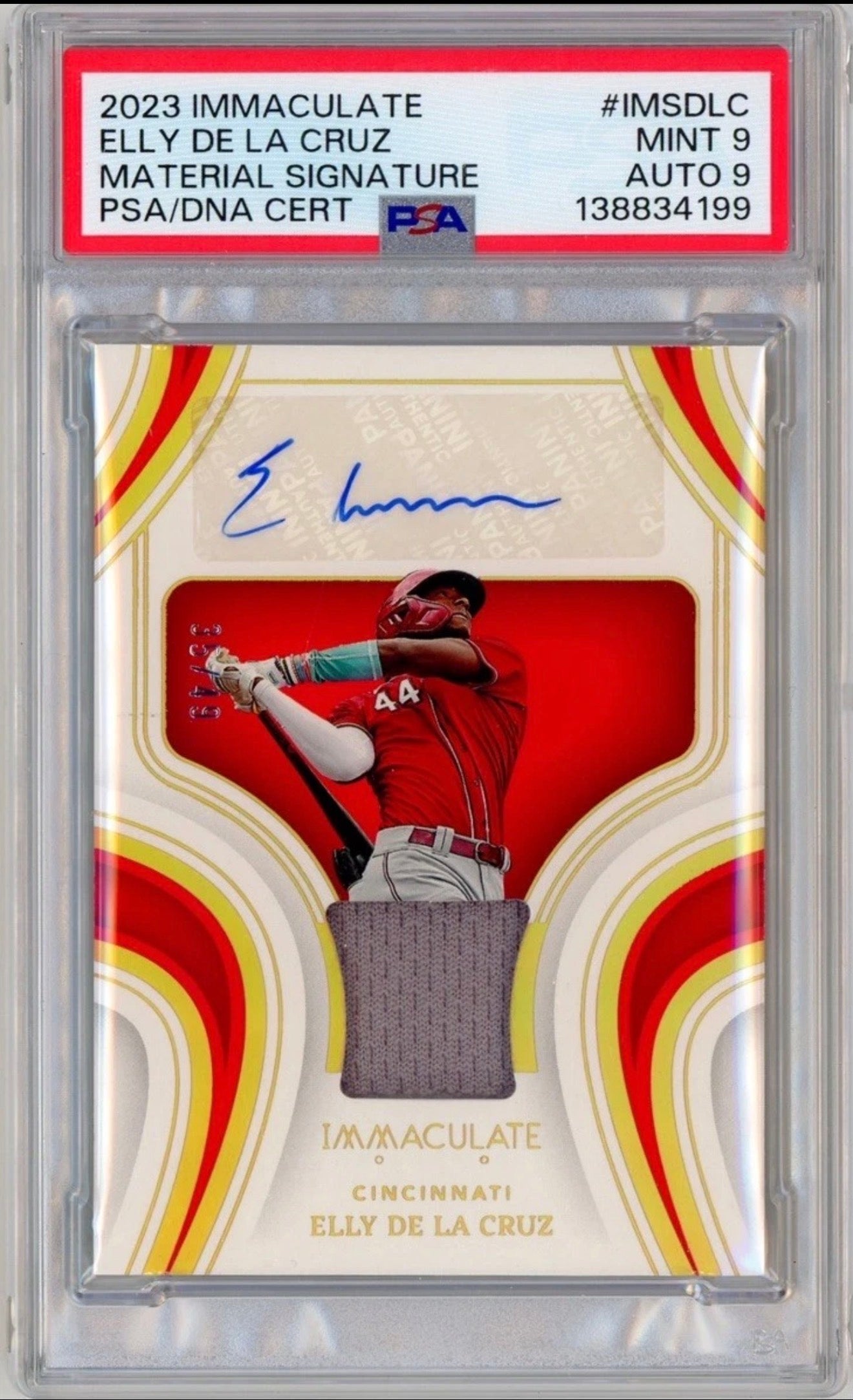 2023 Panini Immaculate Collection — Elly De La Cruz Material Signature #IMS-DLC PSA 9 / Auto 9 | Cincinnati Reds