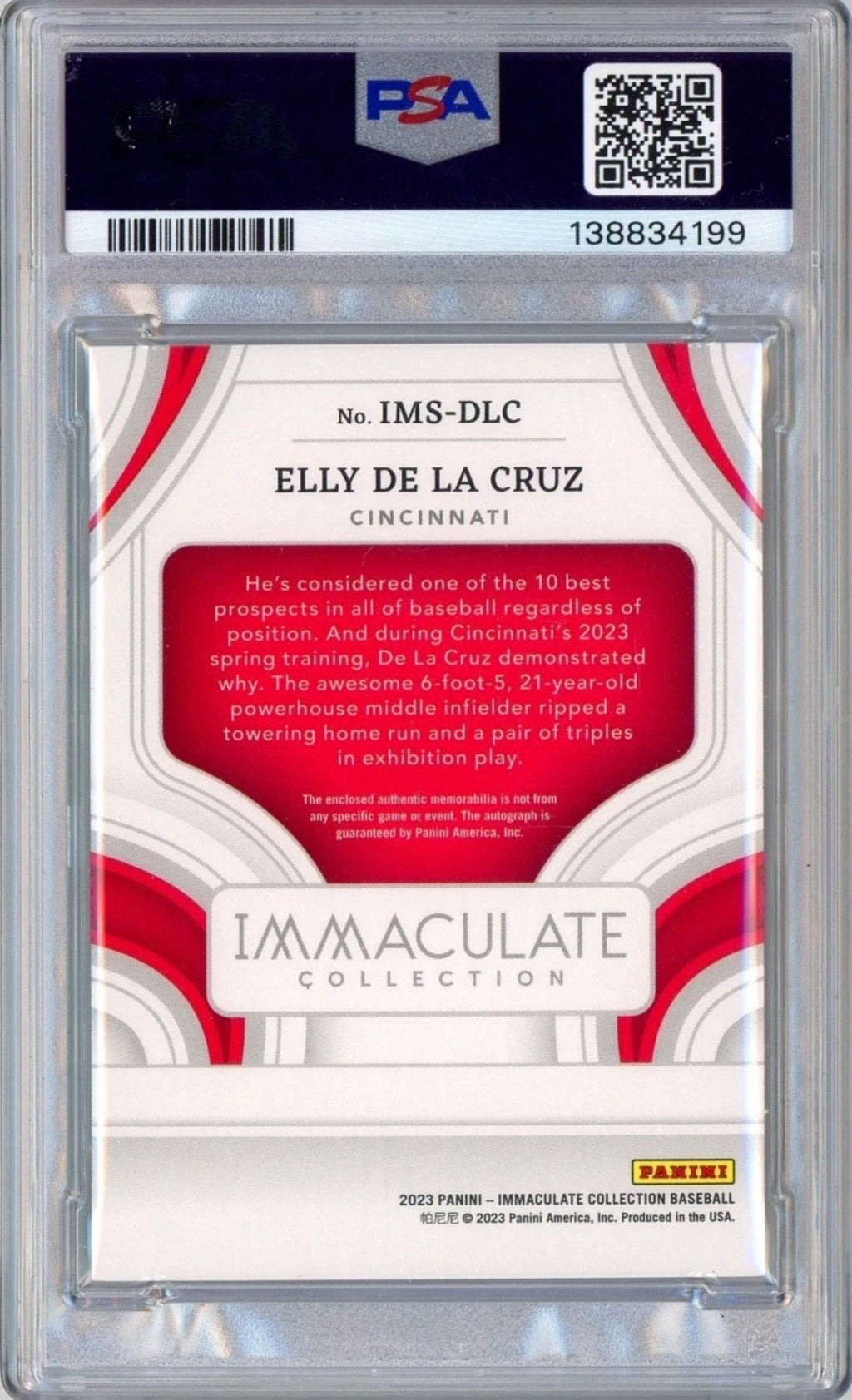 2023 Panini Immaculate Collection — Elly De La Cruz Material Signature #IMS-DLC PSA 9 / Auto 9 | Cincinnati Reds