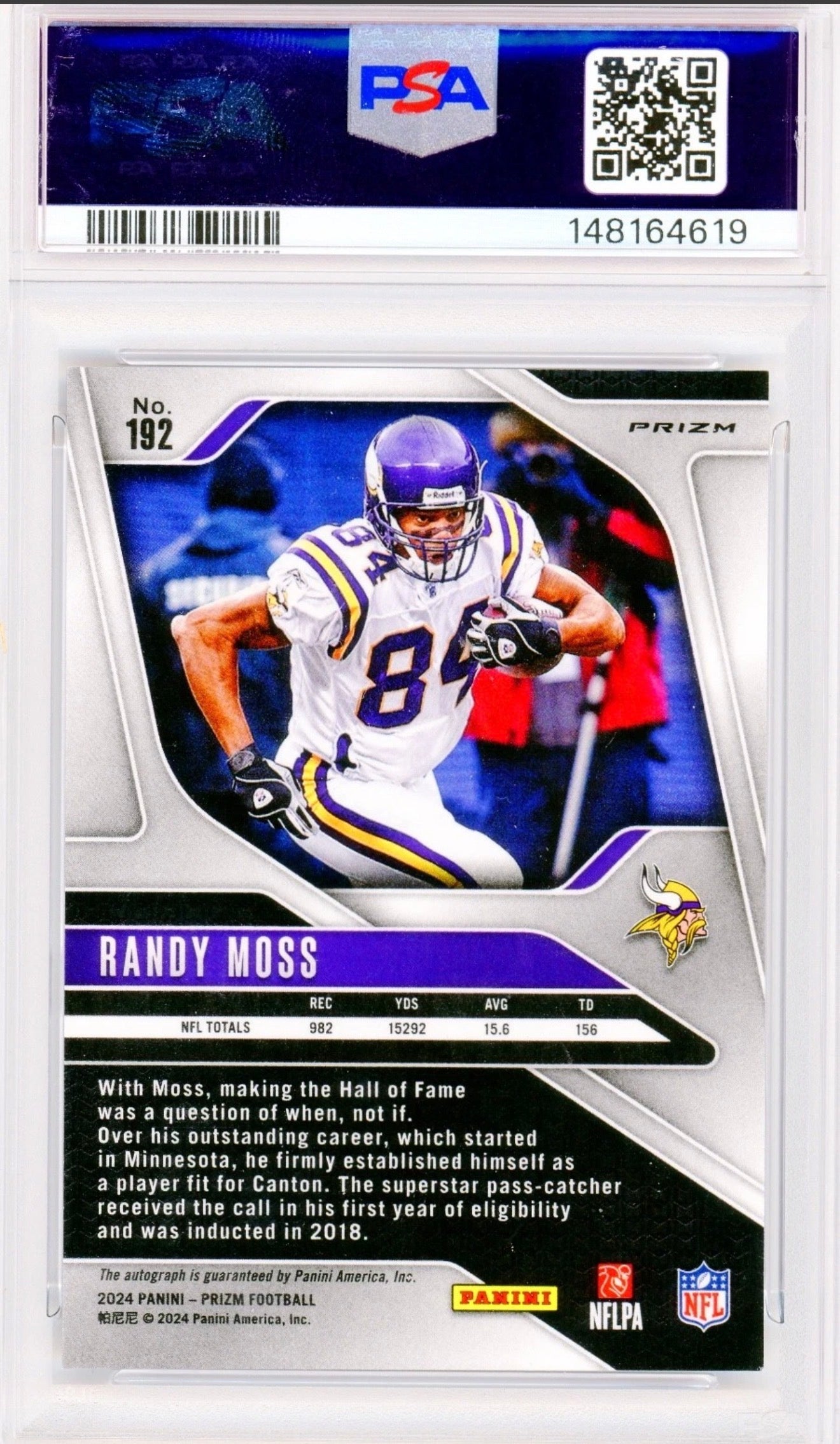 2024 Panini Prizm Football — Randy Moss Autograph #192 PSA 9 Mint | Minnesota Vikings
