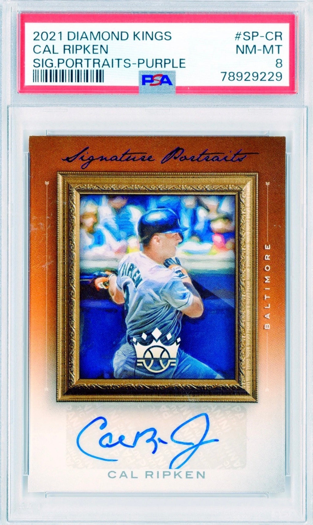2021 Panini Diamond Kings Cal Ripken Signature Portraits Purple Auto #SP-CR 1/3 PSA 8