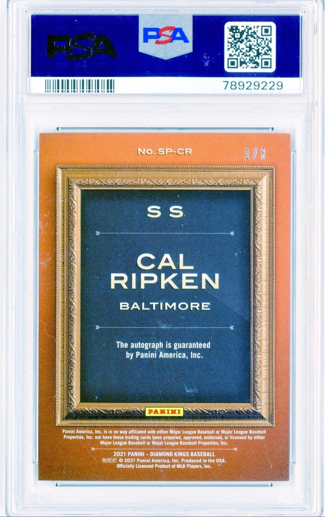 2021 Panini Diamond Kings Cal Ripken Signature Portraits Purple Auto #SP-CR 1/3 PSA 8