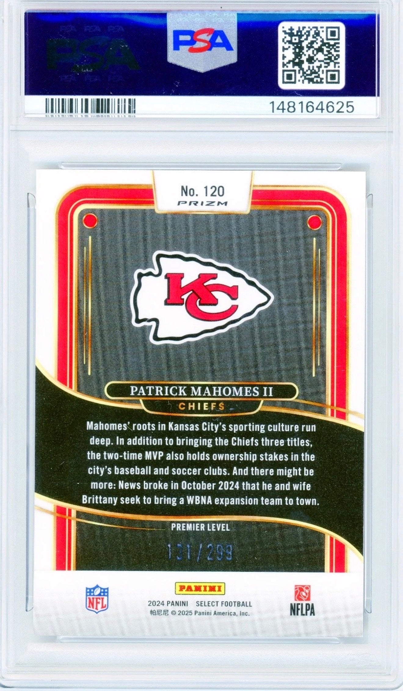 2024 Panini Select Patrick Mahomes II Copper Shock Prizm #120 PSA 9